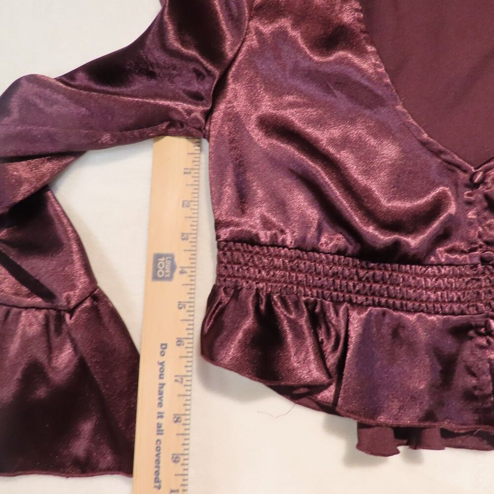 Free People Womens XS Burgundy Satin Cropped Blouse Bell Sleeve Peplum Top